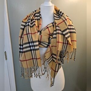 Plaid Fringe Scarf - Tan, Black, Red